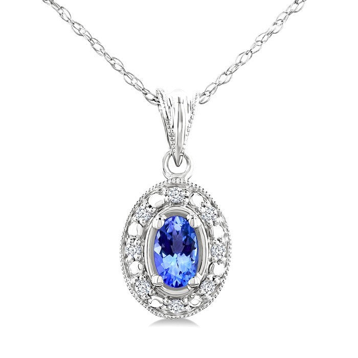 5x3 MM Oval Shape Tanzanite and 1/20 Ctw Round Cut Diamond Pendant in 14K White Gold with Chain
