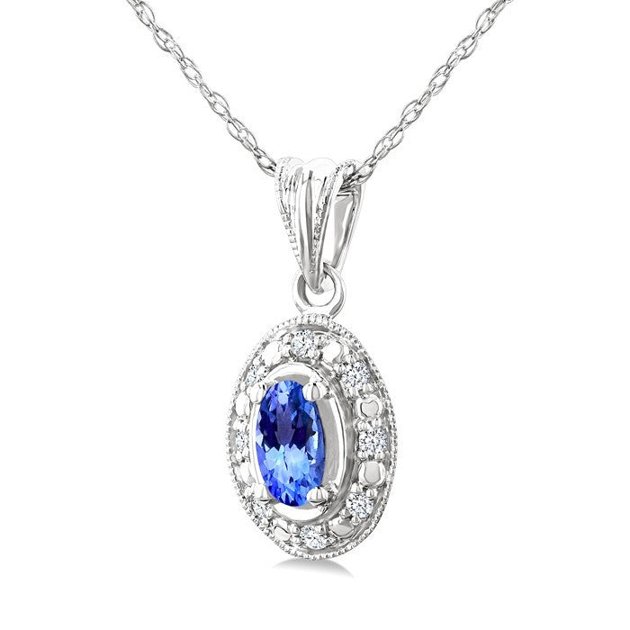 5x3 MM Oval Shape Tanzanite and 1/20 Ctw Round Cut Diamond Pendant in 14K White Gold with Chain