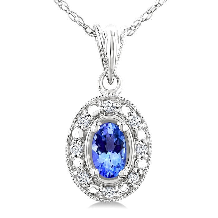 5x3 MM Oval Shape Tanzanite and 1/20 Ctw Round Cut Diamond Pendant in 14K White Gold with Chain