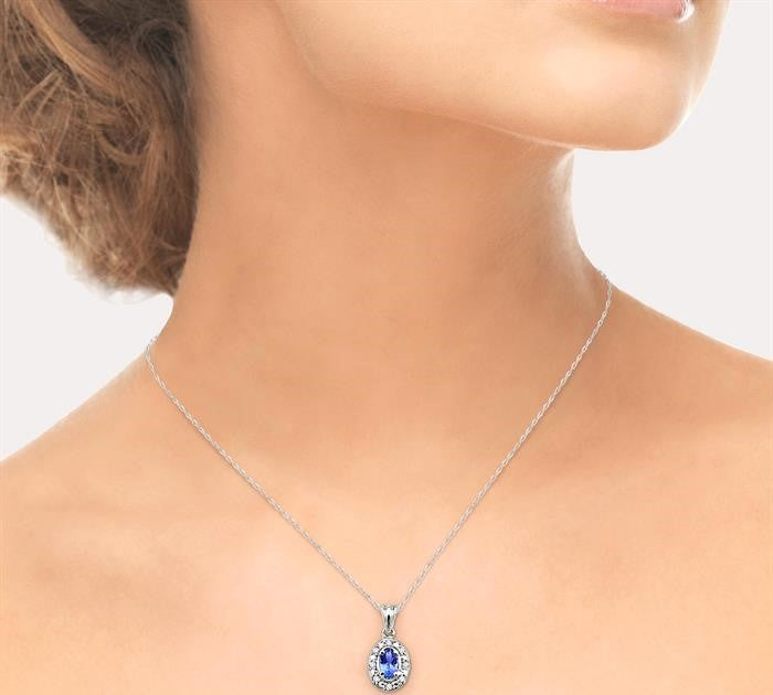 5x3 MM Oval Shape Tanzanite and 1/20 Ctw Round Cut Diamond Pendant in 14K White Gold with Chain