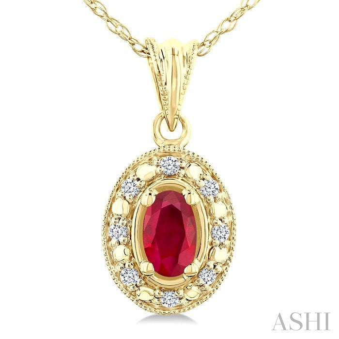 5x3 MM Oval Shape Ruby and 1/20 Ctw Round Cut Diamond Pendant in 14K Yellow Gold with Chain