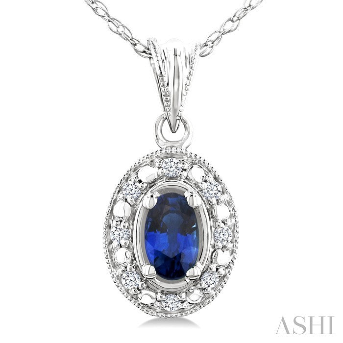 5x3 MM Oval Shape Sapphire and 1/20 Ctw Round Cut Diamond Pendant in 14K White Gold with Chain