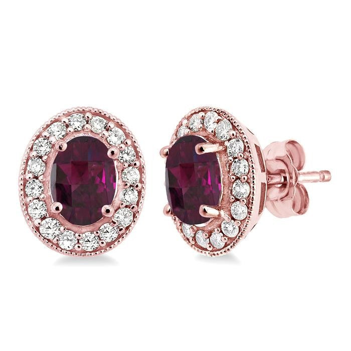 7x5 MM Oval Cut Rhodolite Garnet and 3/8 Ctw Round Cut Diamond Earrings in 14K Rose Gold