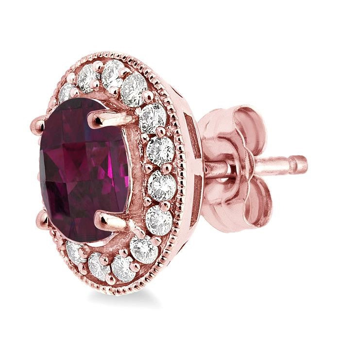 7x5 MM Oval Cut Rhodolite Garnet and 3/8 Ctw Round Cut Diamond Earrings in 14K Rose Gold