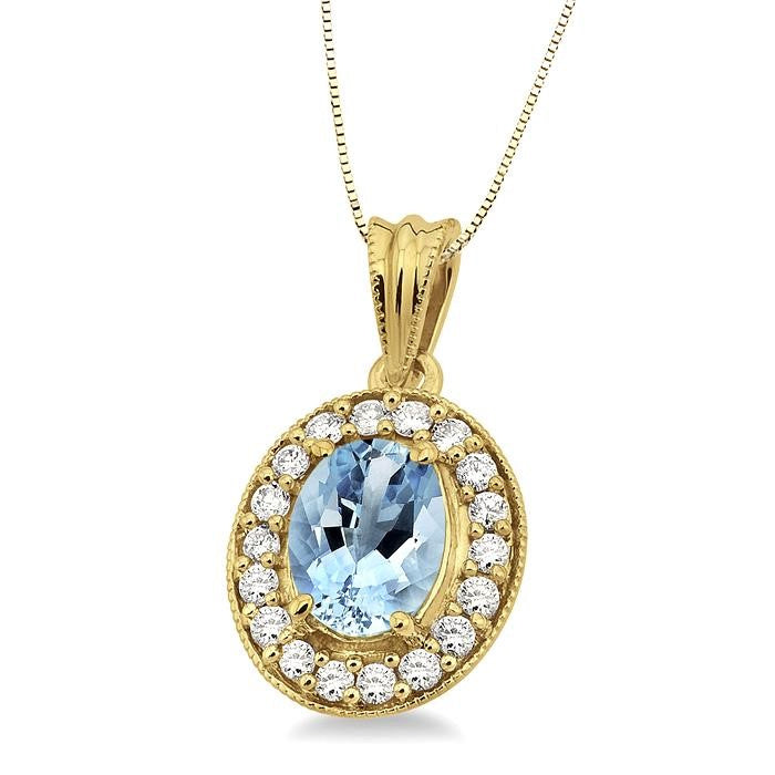 8x6 MM Oval Cut Aquamarine and 1/3 Ctw Round Cut Diamond Pendant in 14K Yellow Gold with Chain
