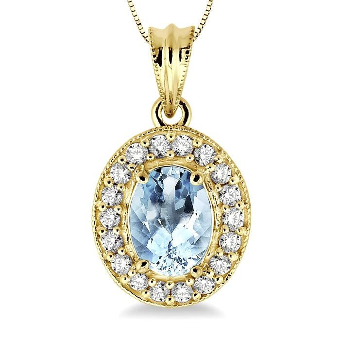 8x6 MM Oval Cut Aquamarine and 1/3 Ctw Round Cut Diamond Pendant in 14K Yellow Gold with Chain