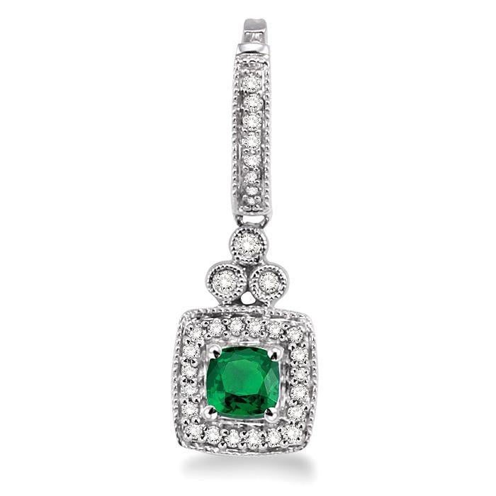 4x4 MM Cushion Shape Emerald and 1/3 Ctw Round Cut Diamond Earrings in 14K White Gold