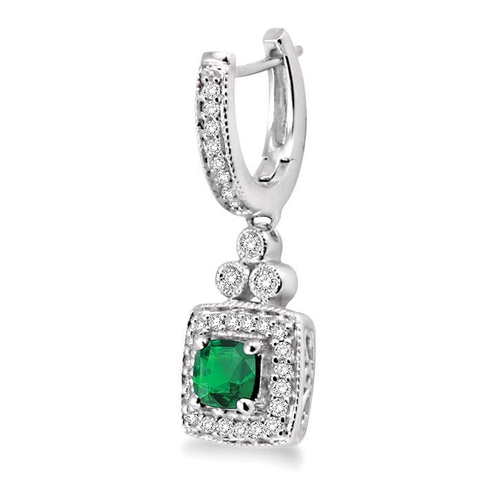 4x4 MM Cushion Shape Emerald and 1/3 Ctw Round Cut Diamond Earrings in 14K White Gold