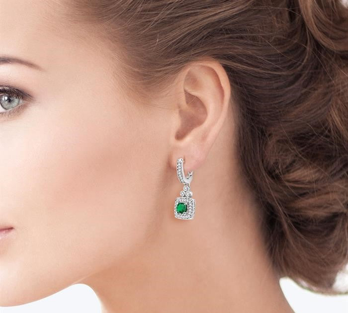 4x4 MM Cushion Shape Emerald and 1/3 Ctw Round Cut Diamond Earrings in 14K White Gold