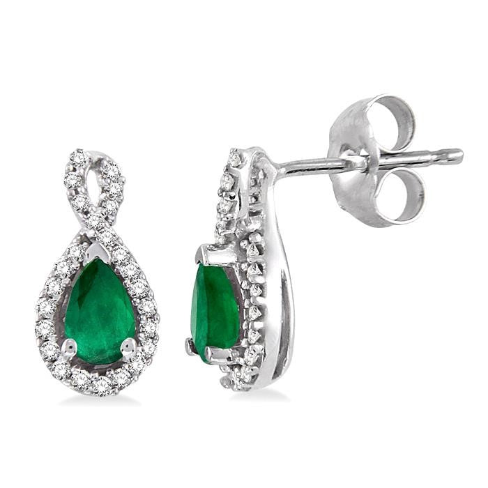 5x3 MM Pear Shape Emerald and 1/6 Ctw Round Cut Diamond Earrings in 14K White Gold