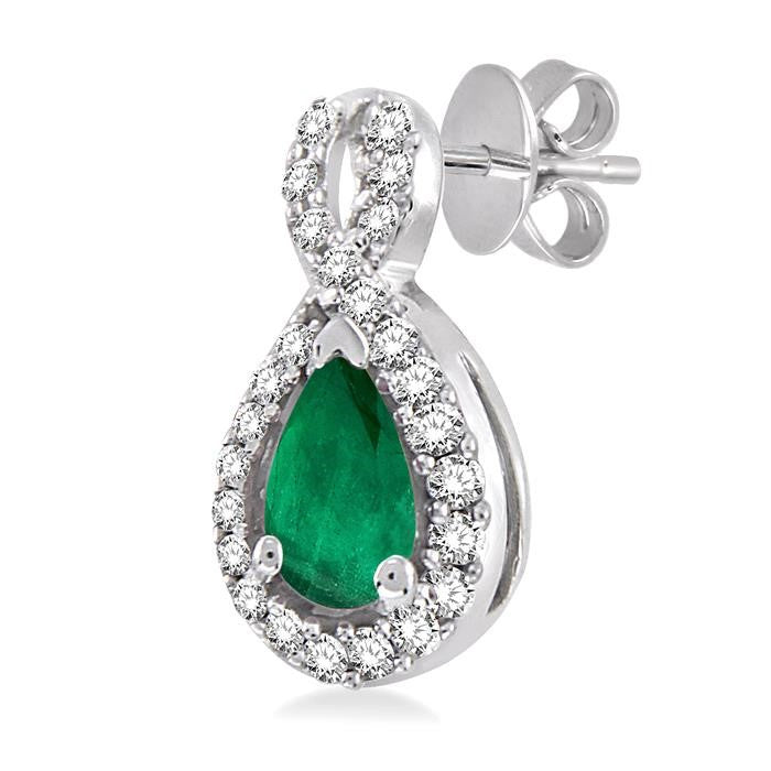 5x3 MM Pear Shape Emerald and 1/6 Ctw Round Cut Diamond Earrings in 14K White Gold