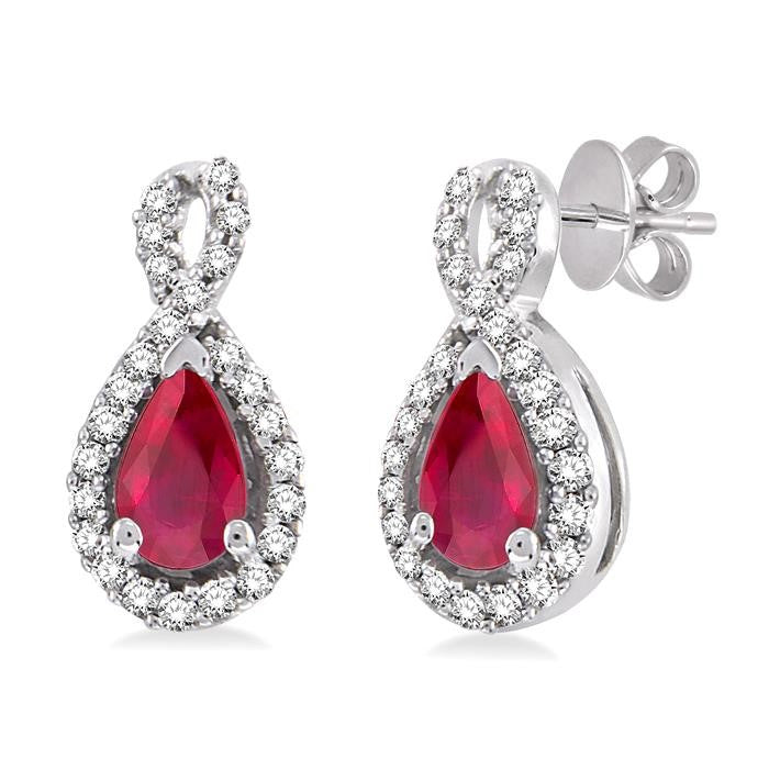 5x3 MM Pear Shape Ruby and 1/6 Ctw Round Cut Diamond Earrings in 14K White Gold