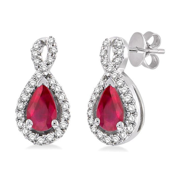 5x3 MM Pear Shape Ruby and 1/6 Ctw Round Cut Diamond Earrings in 14K White Gold