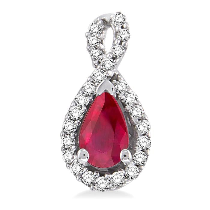5x3 MM Pear Shape Ruby and 1/6 Ctw Round Cut Diamond Earrings in 14K White Gold