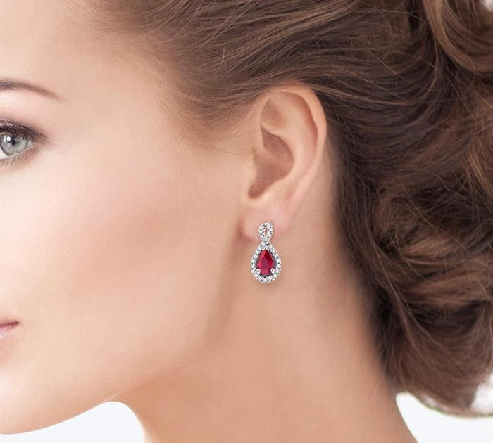 5x3 MM Pear Shape Ruby and 1/6 Ctw Round Cut Diamond Earrings in 14K White Gold