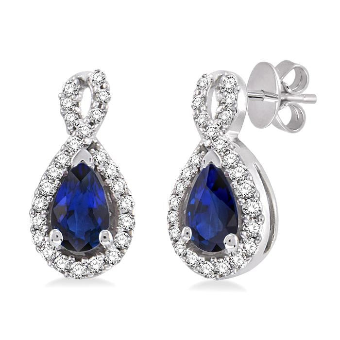 5x3 MM Pear Shape Sapphire and 1/6 Ctw Round Cut Diamond Earrings in 14K White Gold