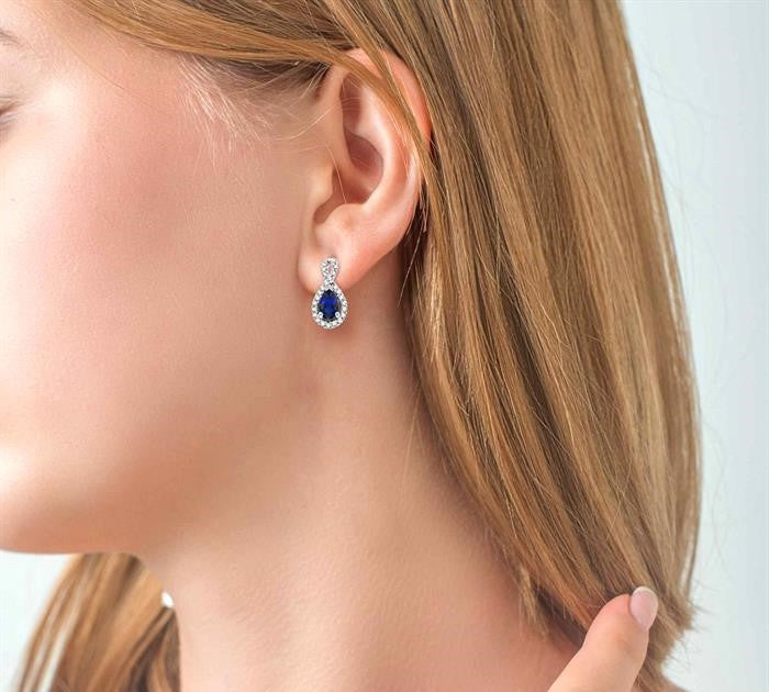 5x3 MM Pear Shape Sapphire and 1/6 Ctw Round Cut Diamond Earrings in 14K White Gold
