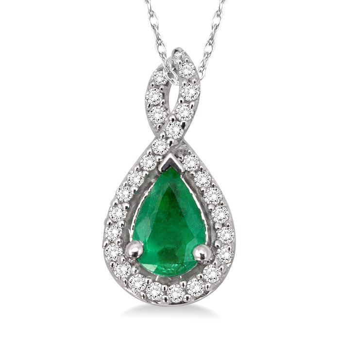 6x4 MM Pear Shape Emerald and 1/10 Ctw Round Cut Diamond Pendant in 14K White Gold with Chain