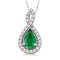 6x4 MM Pear Shape Emerald and 1/10 Ctw Round Cut Diamond Pendant in 14K White Gold with Chain