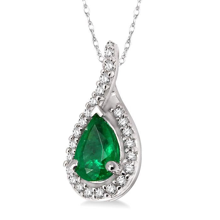 6x4 MM Pear Shape Emerald and 1/10 Ctw Round Cut Diamond Pendant in 14K White Gold with Chain