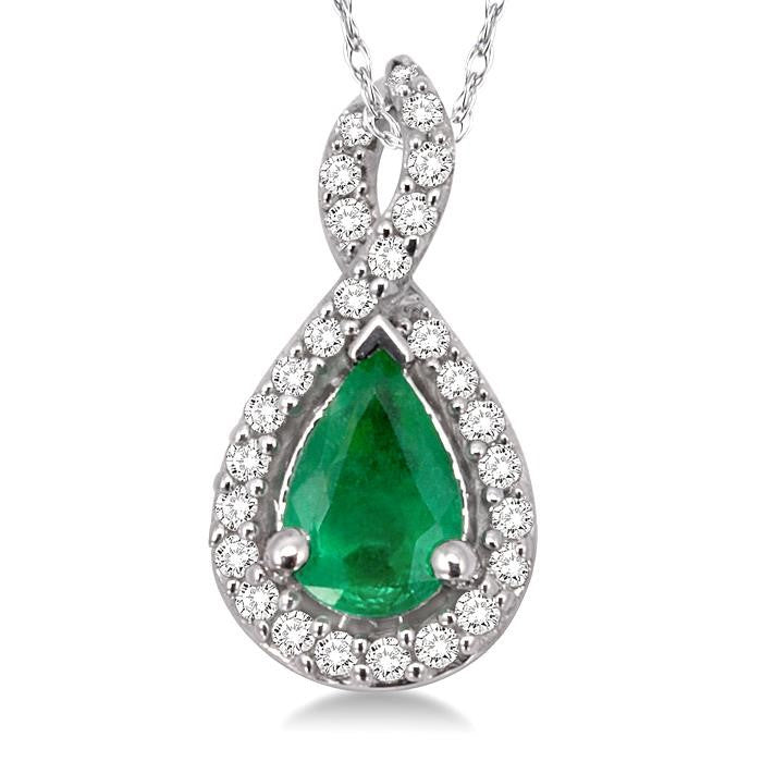 6x4 MM Pear Shape Emerald and 1/10 Ctw Round Cut Diamond Pendant in 14K White Gold with Chain