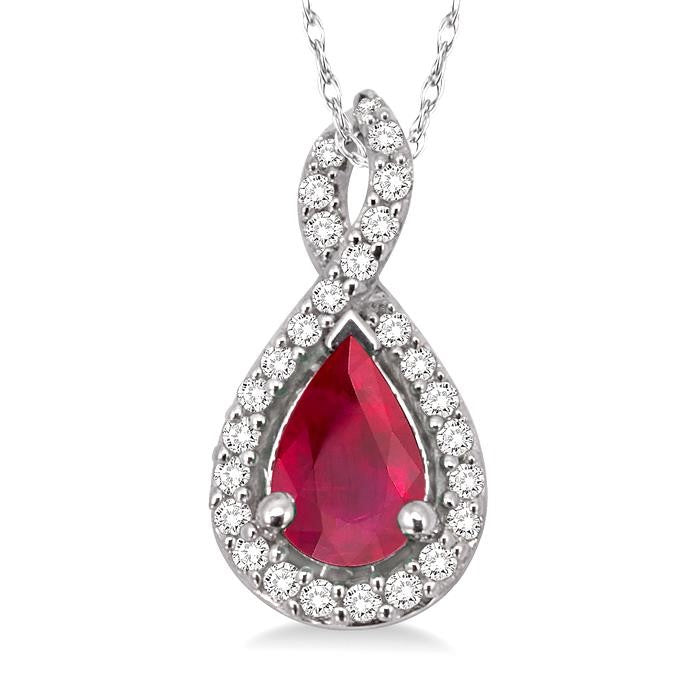 6x4 MM Pear Shape Ruby and 1/10 Ctw Round Cut Diamond Pendant in 14K White Gold with Chain