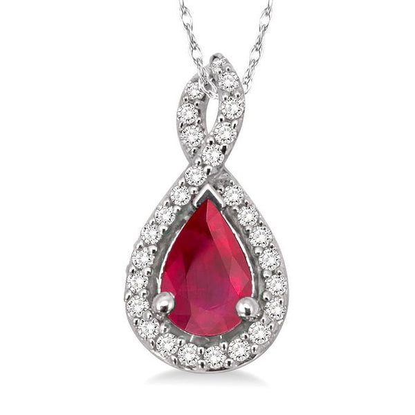 6x4 MM Pear Shape Ruby and 1/10 Ctw Round Cut Diamond Pendant in 14K White Gold with Chain