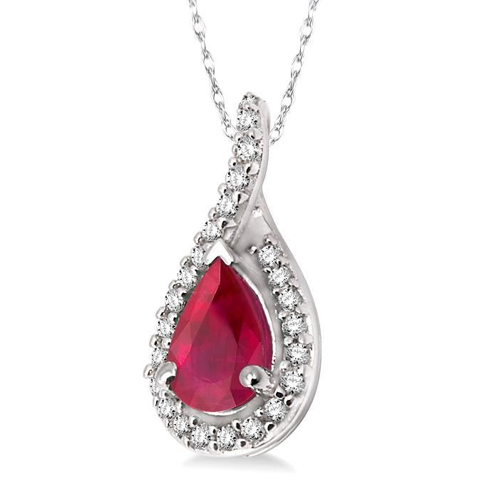 6x4 MM Pear Shape Ruby and 1/10 Ctw Round Cut Diamond Pendant in 14K White Gold with Chain