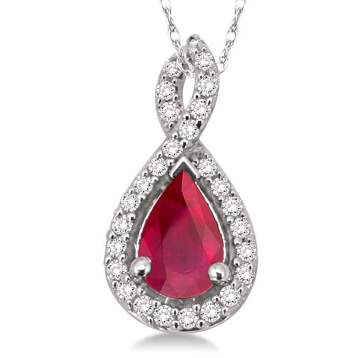 6x4 MM Pear Shape Ruby and 1/10 Ctw Round Cut Diamond Pendant in 14K White Gold with Chain