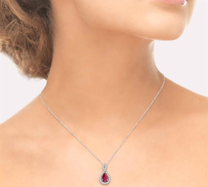 6x4 MM Pear Shape Ruby and 1/10 Ctw Round Cut Diamond Pendant in 14K White Gold with Chain