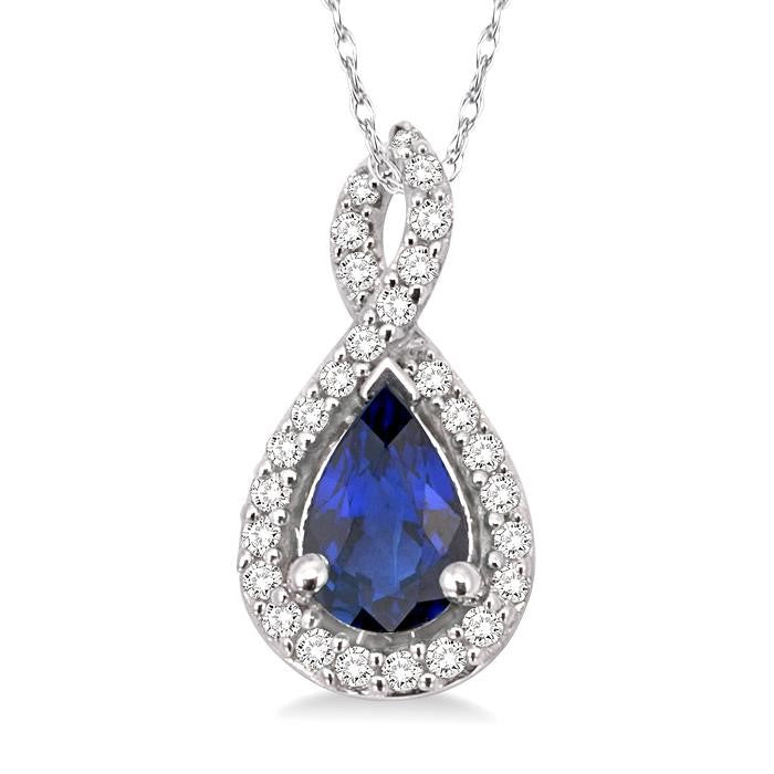 6x4 MM Pear Shape Sapphire and 1/10 Ctw Round Cut Diamond Pendant in 14K White Gold with Chain