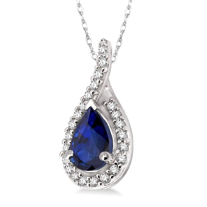 6x4 MM Pear Shape Sapphire and 1/10 Ctw Round Cut Diamond Pendant in 14K White Gold with Chain