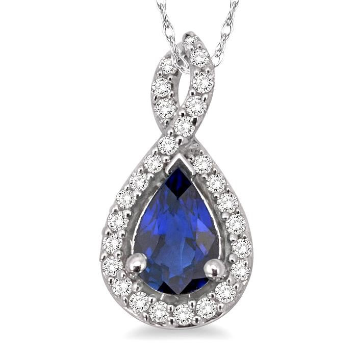 6x4 MM Pear Shape Sapphire and 1/10 Ctw Round Cut Diamond Pendant in 14K White Gold with Chain