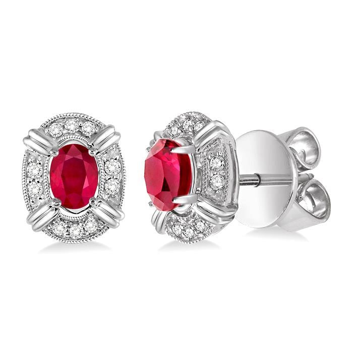 5x3 MM Oval Cut Ruby and 1/10 Ctw Round Cut Diamond Earrings in 14K White Gold