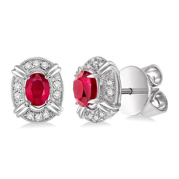 5x3 MM Oval Cut Ruby and 1/10 Ctw Round Cut Diamond Earrings in 14K White Gold