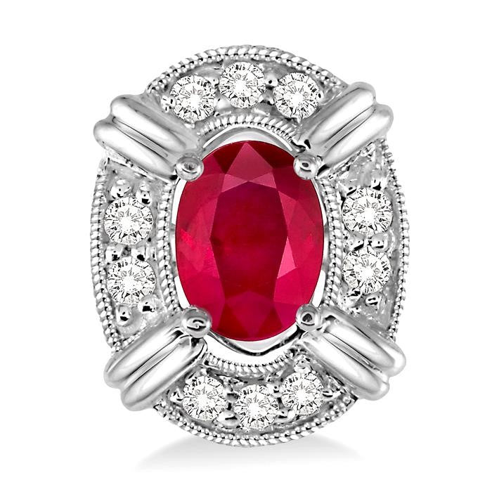 5x3 MM Oval Cut Ruby and 1/10 Ctw Round Cut Diamond Earrings in 14K White Gold