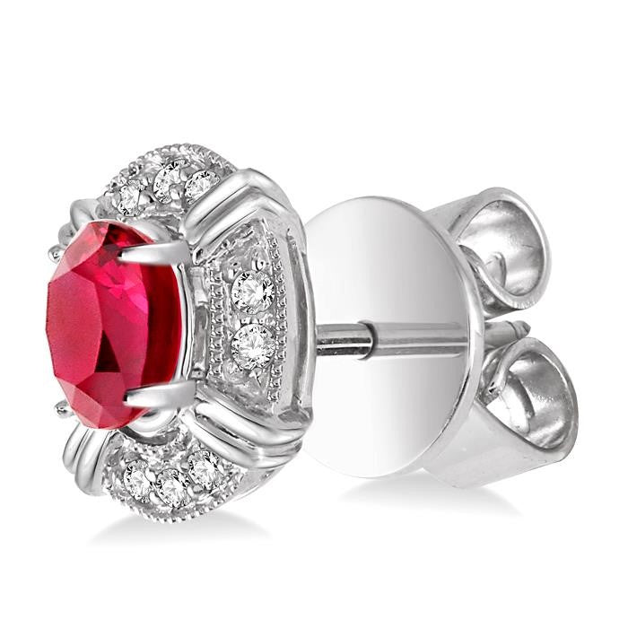 5x3 MM Oval Cut Ruby and 1/10 Ctw Round Cut Diamond Earrings in 14K White Gold