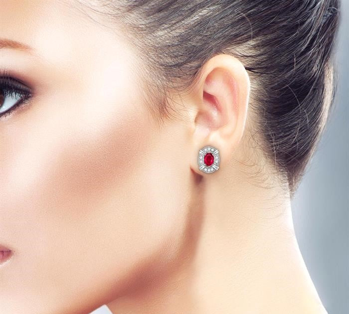 5x3 MM Oval Cut Ruby and 1/10 Ctw Round Cut Diamond Earrings in 14K White Gold