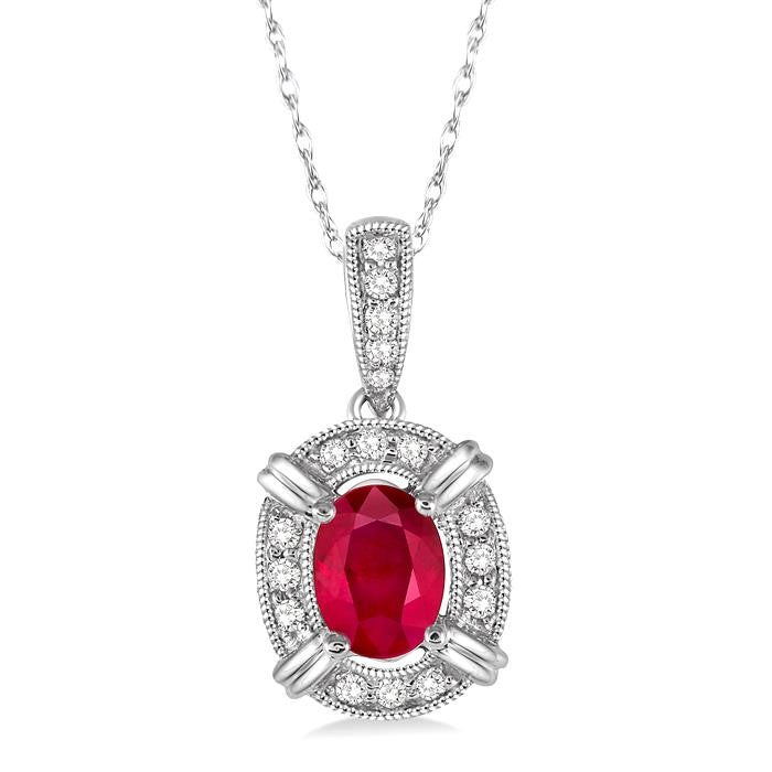 6x4 MM Oval Cut Ruby and 1/10 Ctw Round Cut Diamond Pendant in 14K White Gold with Chain