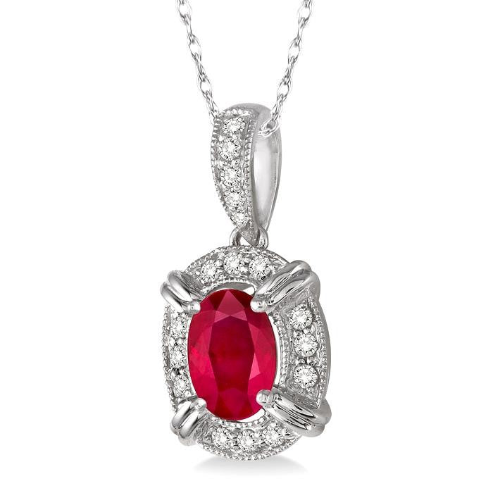 6x4 MM Oval Cut Ruby and 1/10 Ctw Round Cut Diamond Pendant in 14K White Gold with Chain