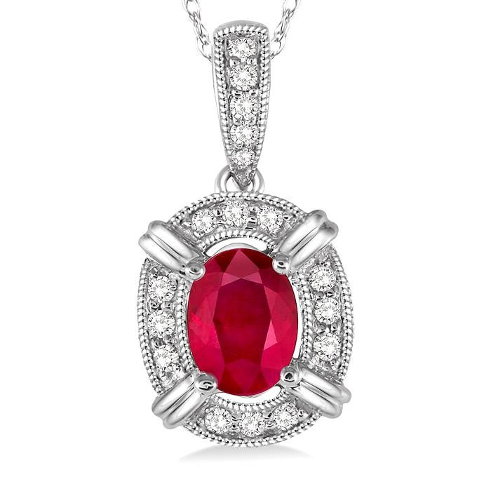 6x4 MM Oval Cut Ruby and 1/10 Ctw Round Cut Diamond Pendant in 14K White Gold with Chain