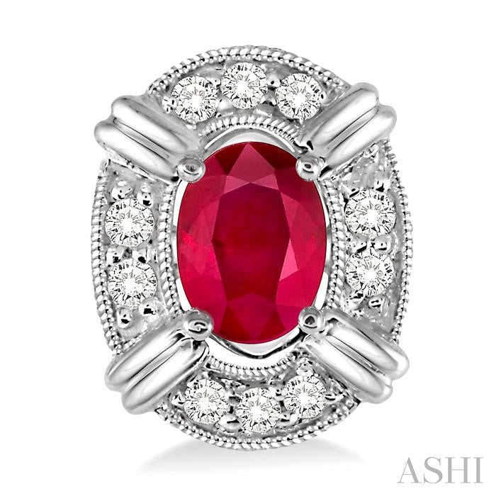 5x3 MM Oval Cut Ruby and 1/10 Ctw Round Cut Diamond Earrings in 14K White Gold