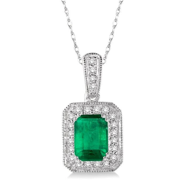 6X4 MM Emerald Shape Emerald and 1/5 Ctw Round Cut Diamond Pendant in 14K White Gold with Chain