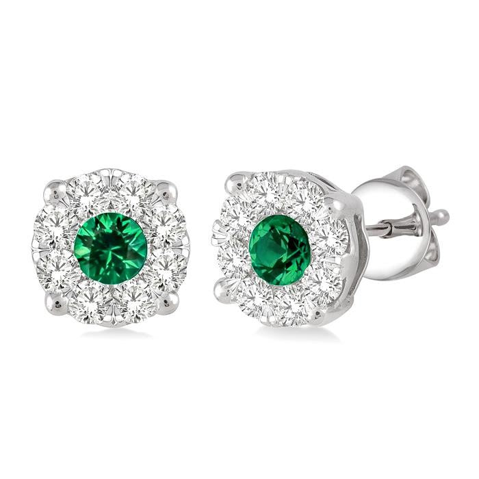 3.3 MM Round Cut Emerald and 1/2 Ctw Shine Bright Diamond Precious Earrings in 14K White Gold