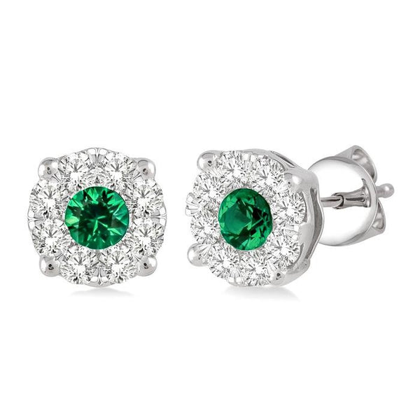 3.3 MM Round Cut Emerald and 1/2 Ctw Shine Bright Diamond Precious Earrings in 14K White Gold