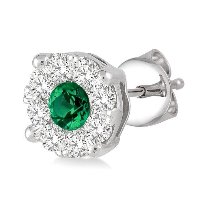 3.3 MM Round Cut Emerald and 1/2 Ctw Shine Bright Diamond Precious Earrings in 14K White Gold