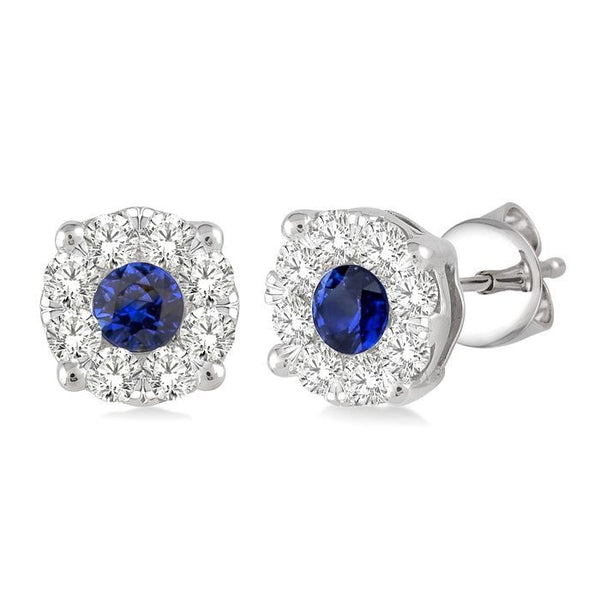 3.3 MM Round Cut Sapphire and 1/2 Ctw Shine Bright Diamond Precious Earrings in 14K White Gold
