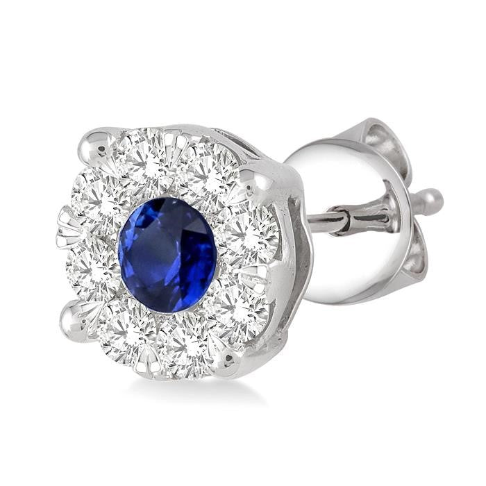 3.3 MM Round Cut Sapphire and 1/2 Ctw Shine Bright Diamond Precious Earrings in 14K White Gold