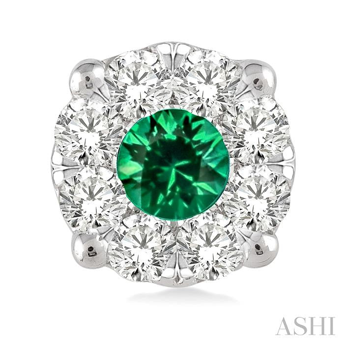 3.3 MM Round Cut Emerald and 1/2 Ctw Lovebright Diamond Precious Earrings in 14K White Gold