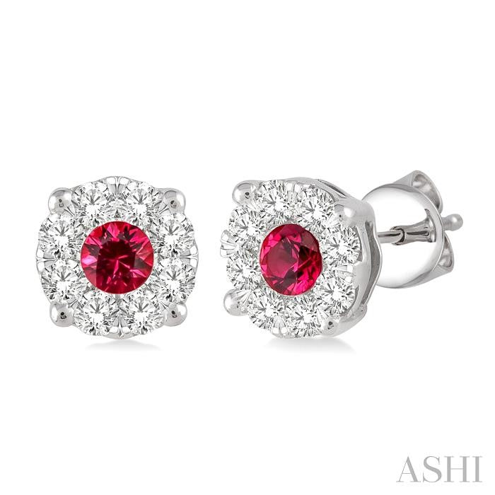 3.3 MM Round Cut Ruby and 1/2 Ctw Shine Bright Diamond Precious Earrings in 14K White Gold